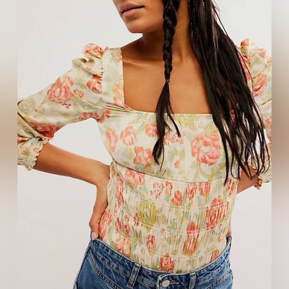 NWT FP Intimately Smock It To Me Floral Smocked Long Sleeve Bodysuit Tea Combo - Picture 2 of 7